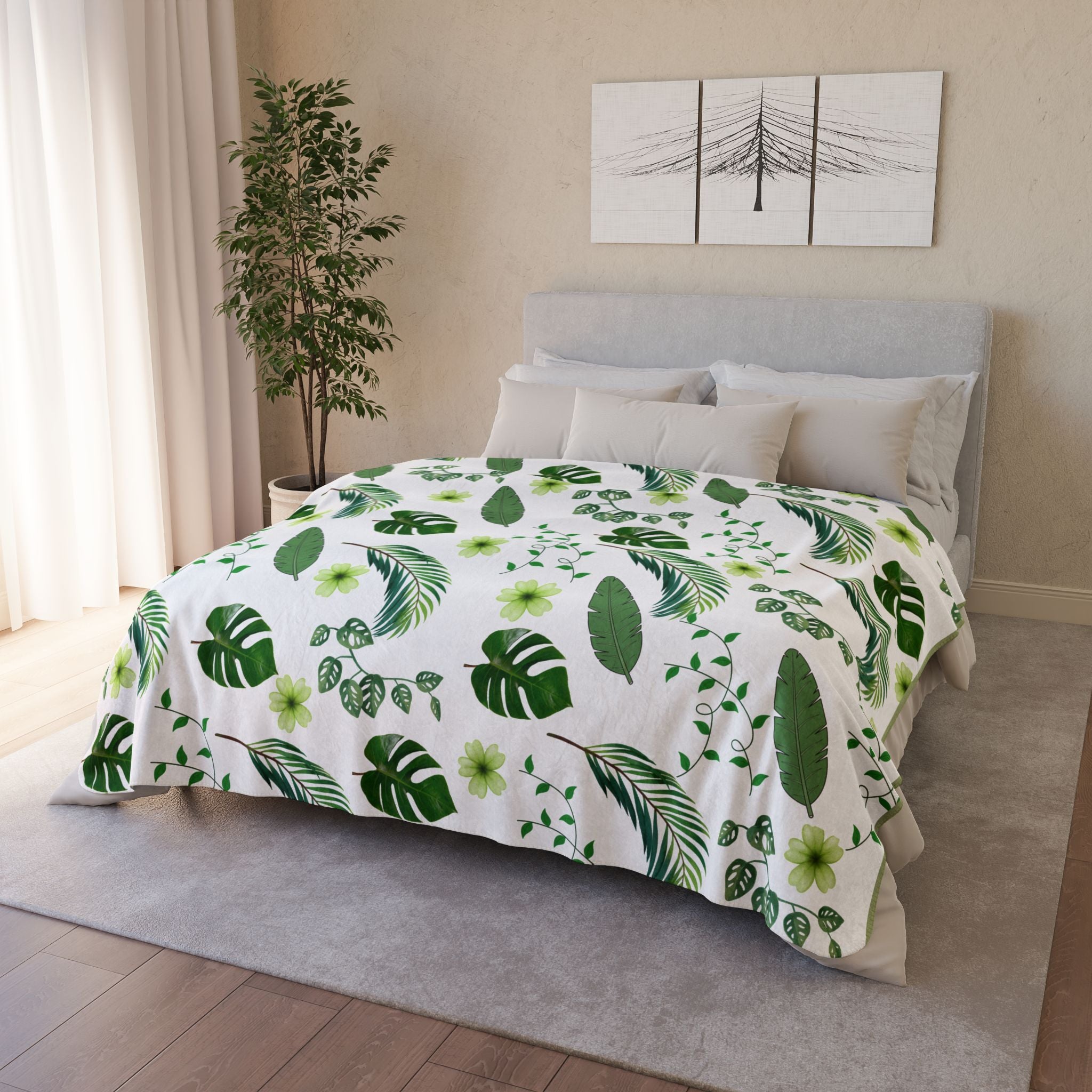 Tropical Leaf Fleece Sherpa Blanket