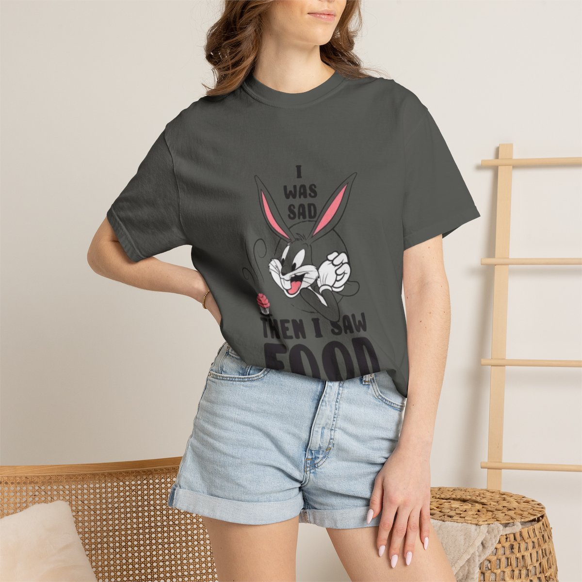 "I Was Sad Then I Saw Food" Cute Cartoon Bunny Tee