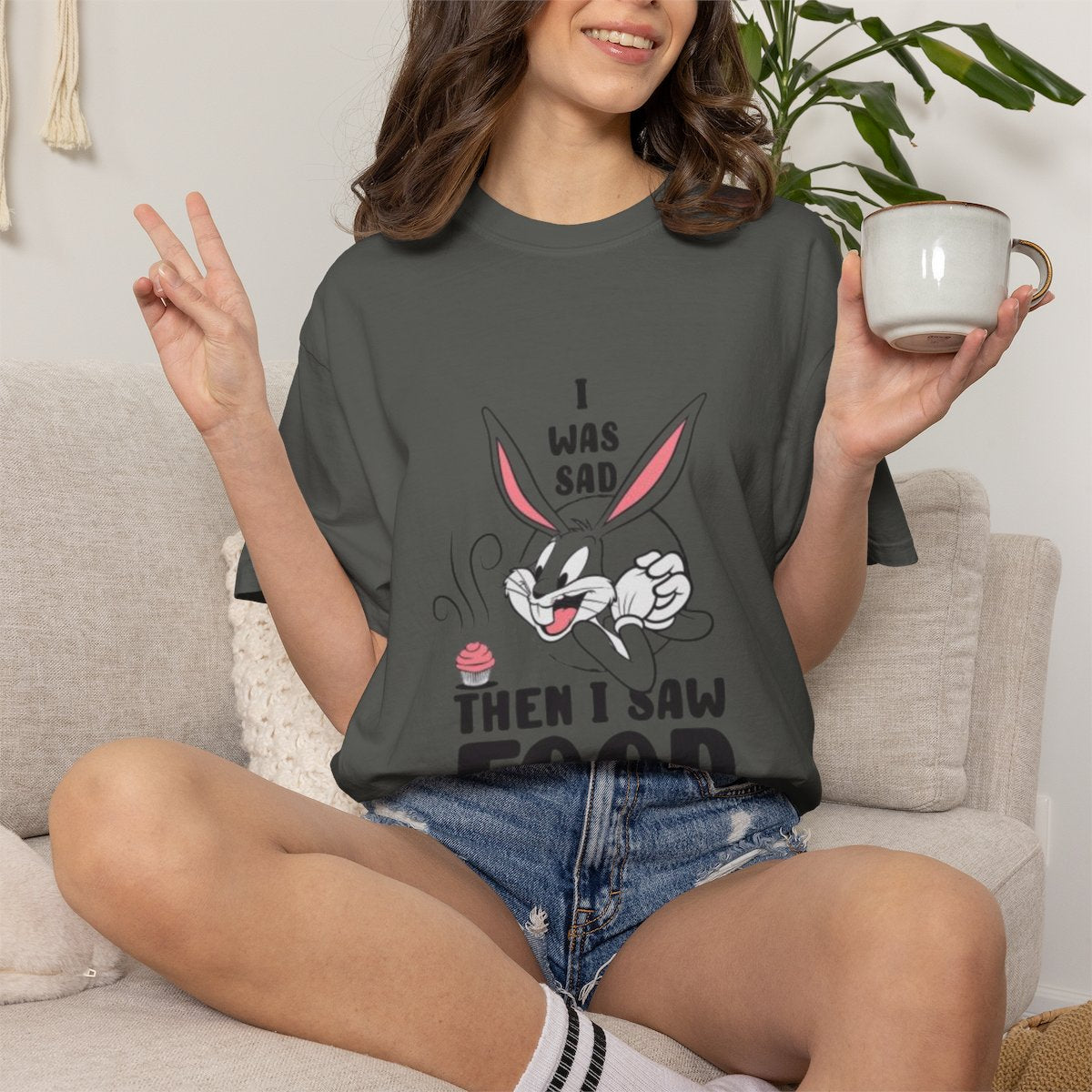 "I Was Sad Then I Saw Food" Cute Cartoon Bunny Tee
