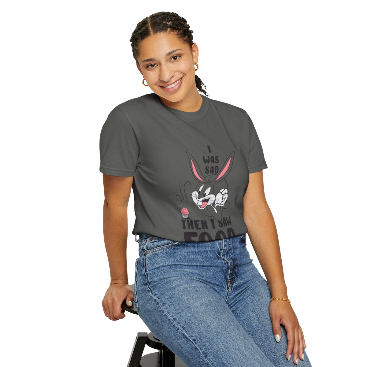 "I Was Sad Then I Saw Food" Cute Cartoon Bunny Tee
