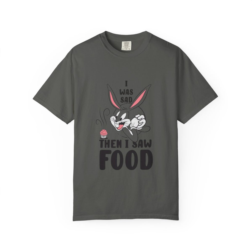 "I Was Sad Then I Saw Food" Cute Cartoon Bunny Tee