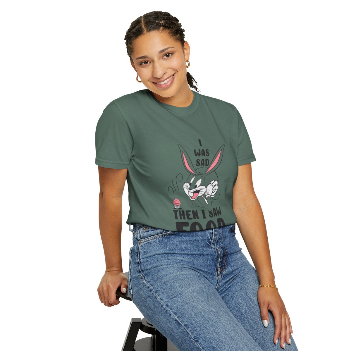 "I Was Sad Then I Saw Food" Cute Cartoon Bunny Tee