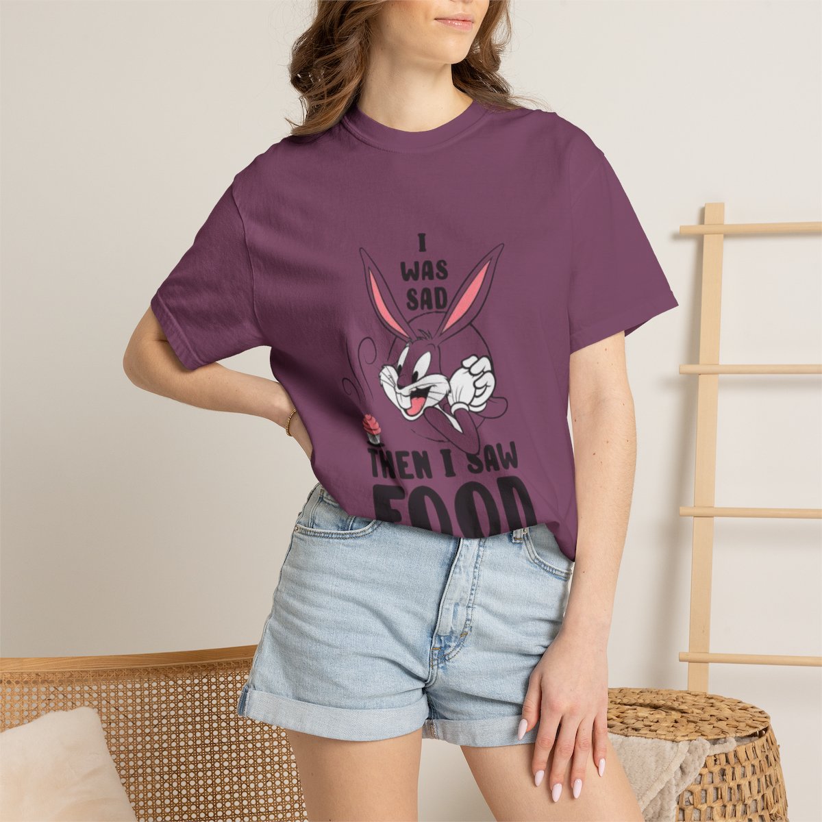 "I Was Sad Then I Saw Food" Cute Cartoon Bunny Tee