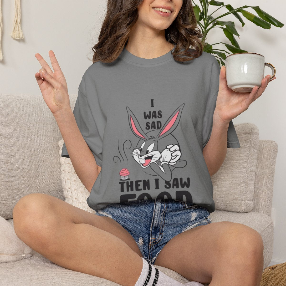 "I Was Sad Then I Saw Food" Cute Cartoon Bunny Tee